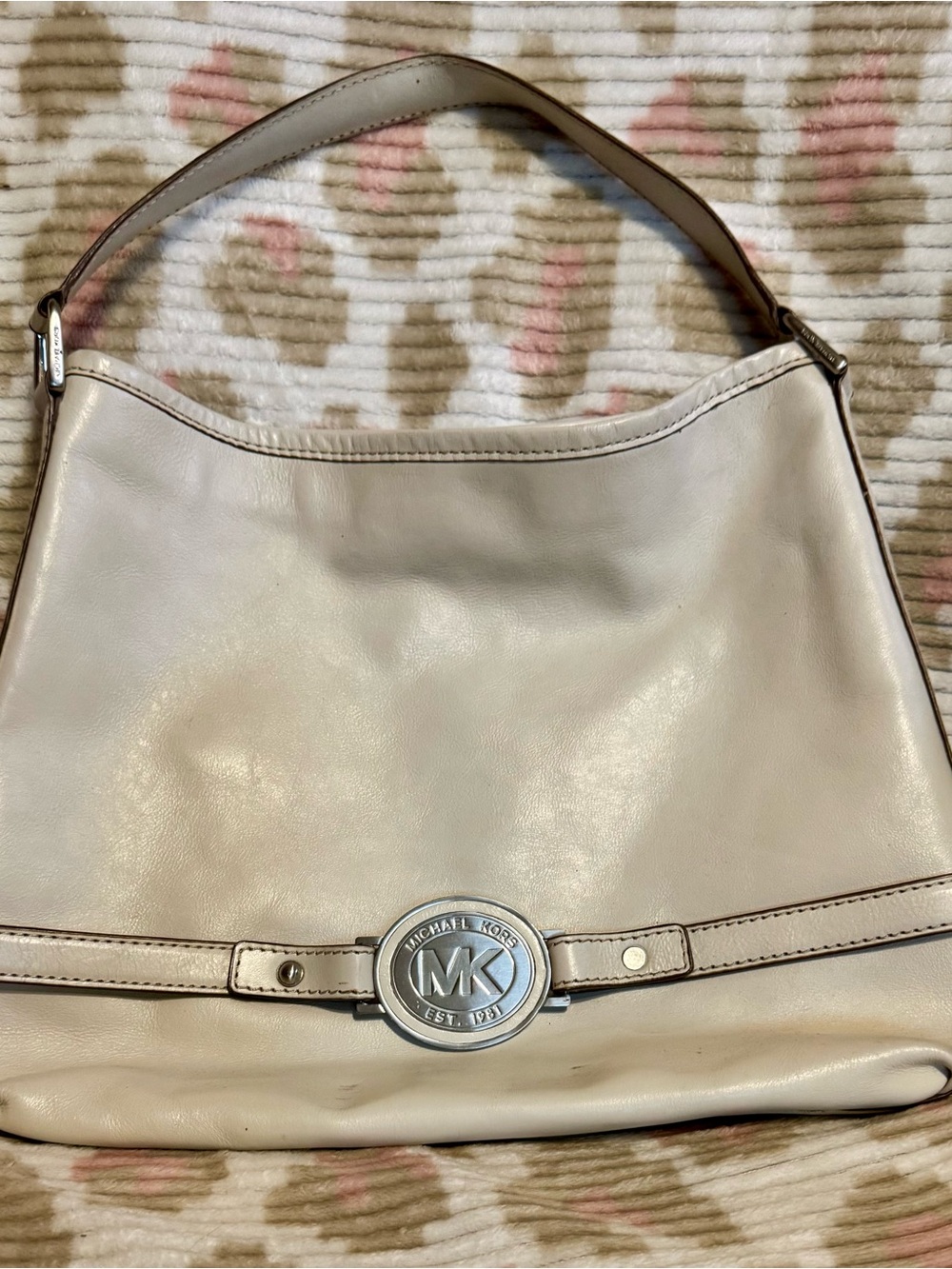Michael Kors Beige Leather Shoulder Bag with Silver MK Emblem